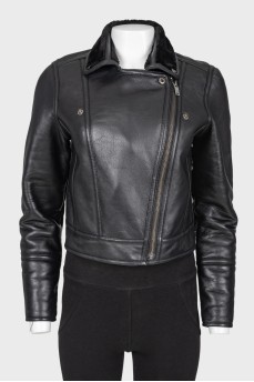 Cropped leather sheepskin coat