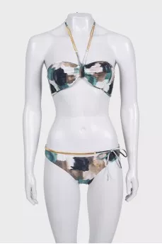 Green printed two-piece swimsuit with tag