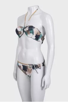 Green printed two-piece swimsuit with tag