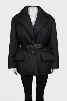 Black down jacket with a leather belt