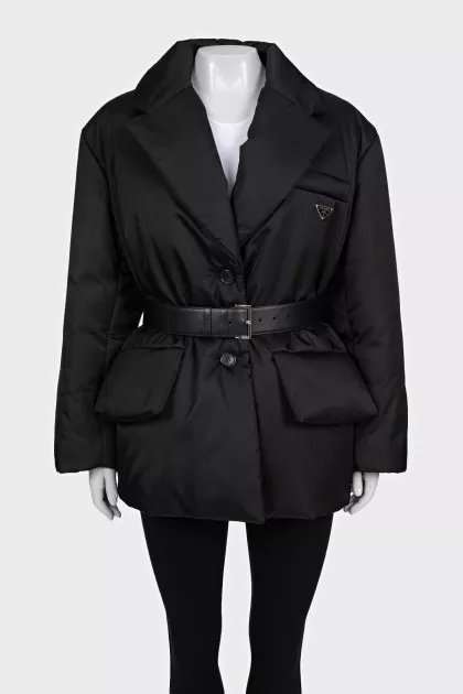 Black down jacket with a leather belt