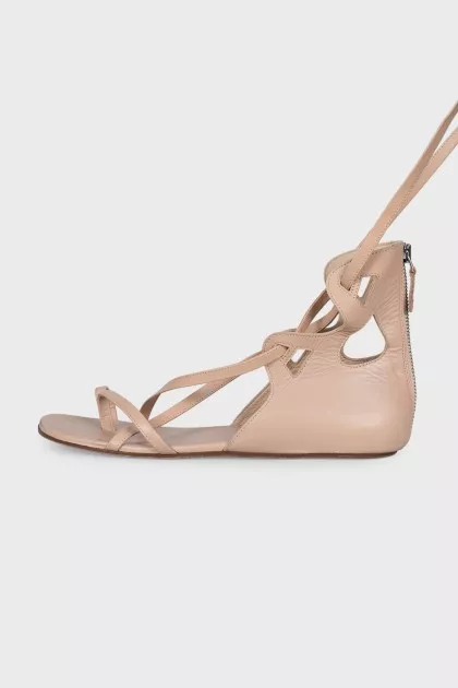 Leather lace-up sandals with zip closure