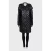 Black quilted straight-cut coat with logo