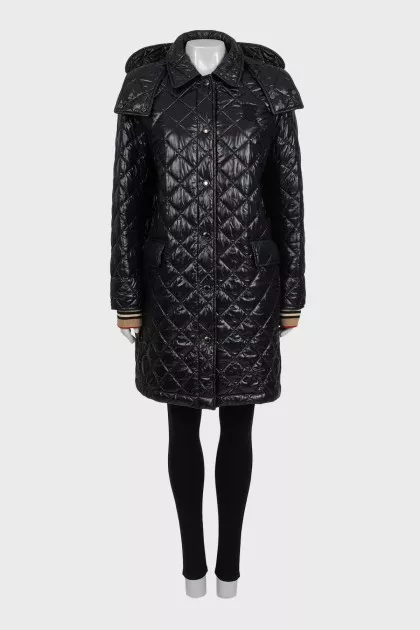 Black quilted straight-cut coat with logo