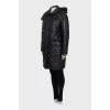 Black quilted straight-cut coat with logo