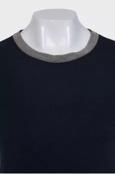 Blue wool dress with a decorated collar