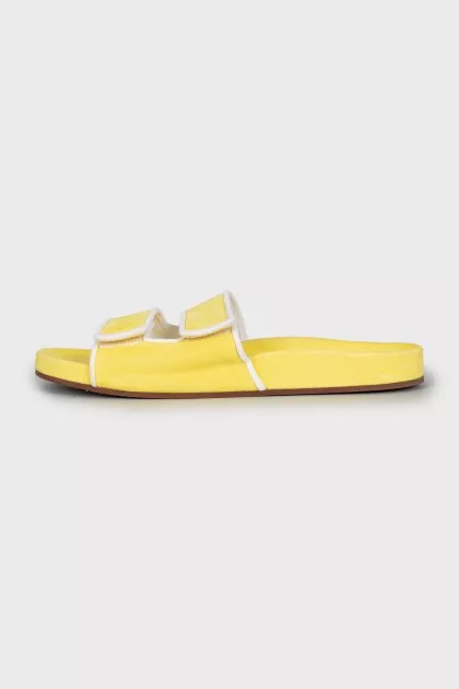 Yellow suede flip flops