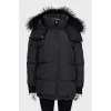 Black down jacket with stripes on the sleeves