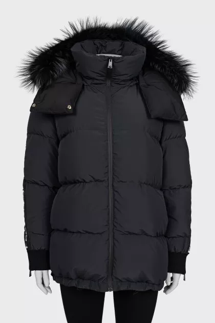 Black down jacket with stripes on the sleeves