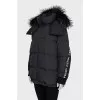 Black down jacket with stripes on the sleeves