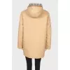Reversible coat with knitted hood and tag