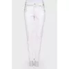 White jeans with a silver coating, with a tag