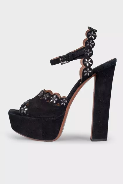 Suede sandals with rhinestone flowers