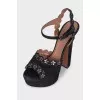 Suede sandals with rhinestone flowers