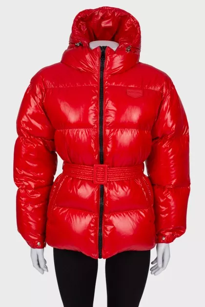 Red quilted down jacket