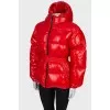 Red quilted down jacket