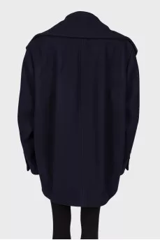 Blue coat with leather inserts