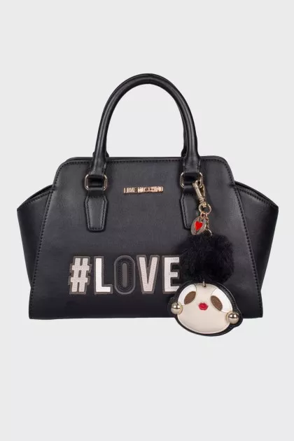 Leather bag with keychain and branded patch