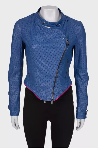 Blue leather jacket with perforation