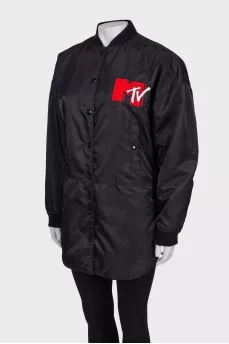Overlong assymmetrical black bomber jacket