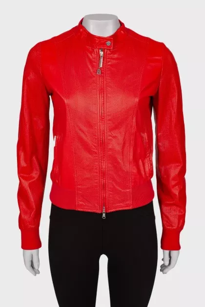 Red perforated leather jacket