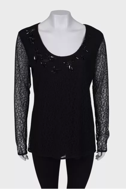 Black Lace Scoop Neck Blouse