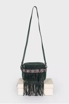 Fringed leather bag with tag