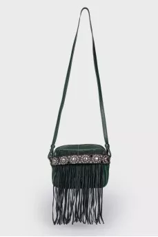 Fringed leather bag with tag
