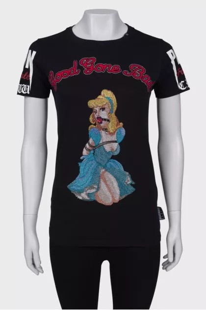 Black T-shirt with rhinestone appliqué