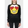 Black sweater with a big yellow smiley face