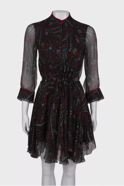 Printed silk black dress
