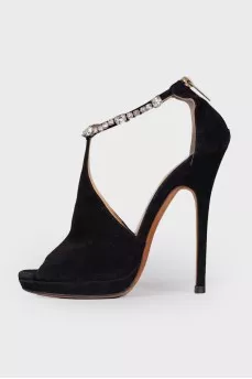 Black suede sandals with rhinestones