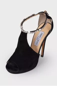 Black suede sandals with rhinestones