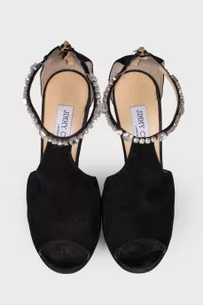 Black suede sandals with rhinestones