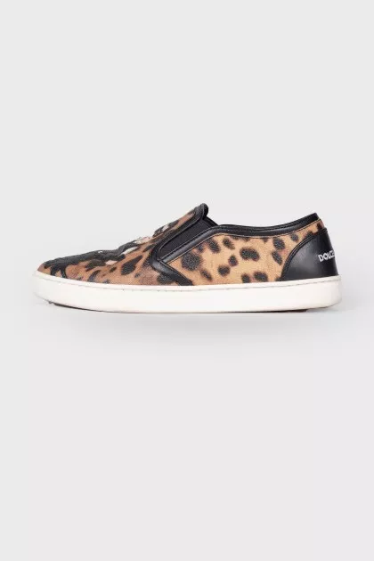 #dgfamily Leopard Leather Slip-Ons