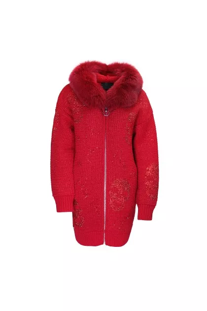 Red knitted jacket with hood