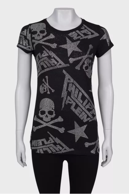 T-shirt with rhinestones and skulls