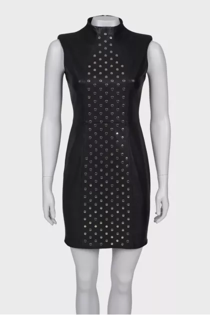 Leather dress with metallic rhinestones