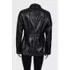 Patent black jacket with tag