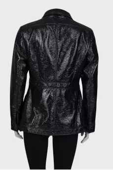 Patent black jacket with tag