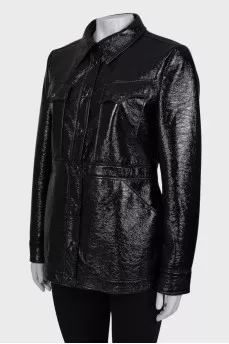 Patent black jacket with tag