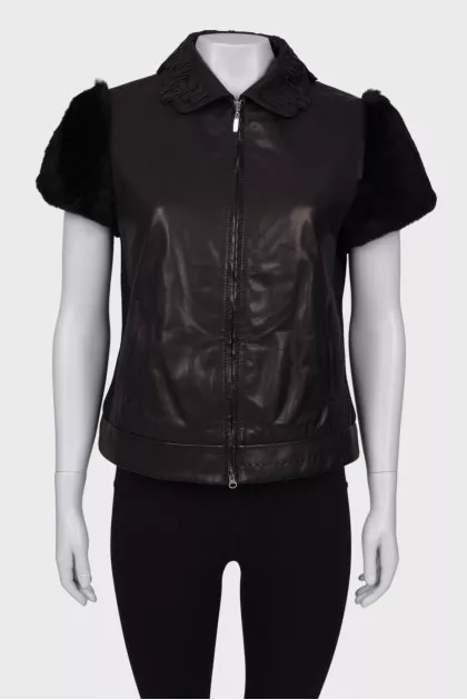 Leather vest with fur sleeves