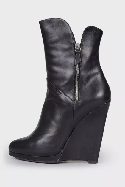 Black leather wedge boots