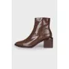 Embossed brown leather ankle boots