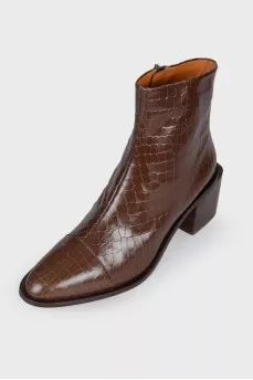 Embossed brown leather ankle boots