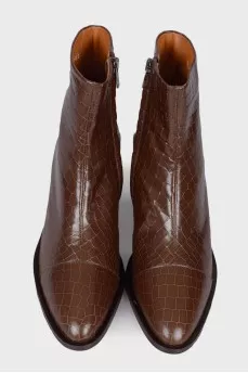 Embossed brown leather ankle boots