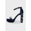 Textile blue sandals with pearls