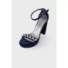 Textile blue sandals with pearls