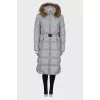 Gray quilted down jacket with belt