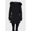 Black and blue down jacket with a hood